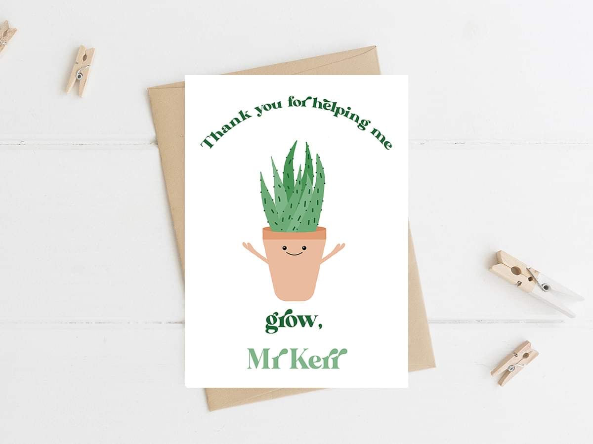 thank you succulent puns Cute Potted Plant Thank Personalised Teacher Card