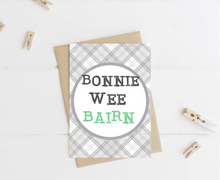 Load image into Gallery viewer, Scottish ‘Bonnie Wee Bairn’ Tartan New Baby Card (4 colours available)