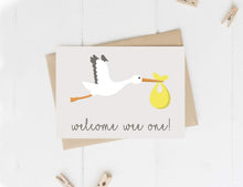 Load image into Gallery viewer, ‘Welcome Wee One!’ Stork New Baby Card (7 colour options)