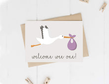 Load image into Gallery viewer, ‘Welcome Wee One!’ Stork New Baby Card (7 colour options)