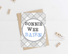 Load image into Gallery viewer, Scottish ‘Bonnie Wee Bairn’ Tartan New Baby Card (4 colours available)