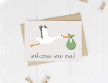 Load image into Gallery viewer, ‘Welcome Wee One!’ Stork New Baby Card (7 colour options)