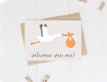 Load image into Gallery viewer, ‘Welcome Wee One!’ Stork New Baby Card (7 colour options)