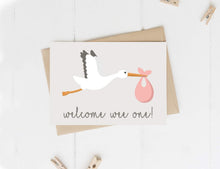 Load image into Gallery viewer, ‘Welcome Wee One!’ Stork New Baby Card (7 colour options)