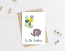 Load image into Gallery viewer, Elephant & Balloons ‘Hello Baby’ Card (coral pink or blue)