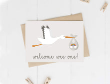 Load image into Gallery viewer, ‘Welcome Wee One!’ Stork New Baby Card (7 colour options)
