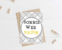 Load image into Gallery viewer, Scottish ‘Bonnie Wee Bairn’ Tartan New Baby Card (4 colours available)
