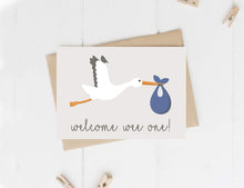 Load image into Gallery viewer, ‘Welcome Wee One!’ Stork New Baby Card (7 colour options)
