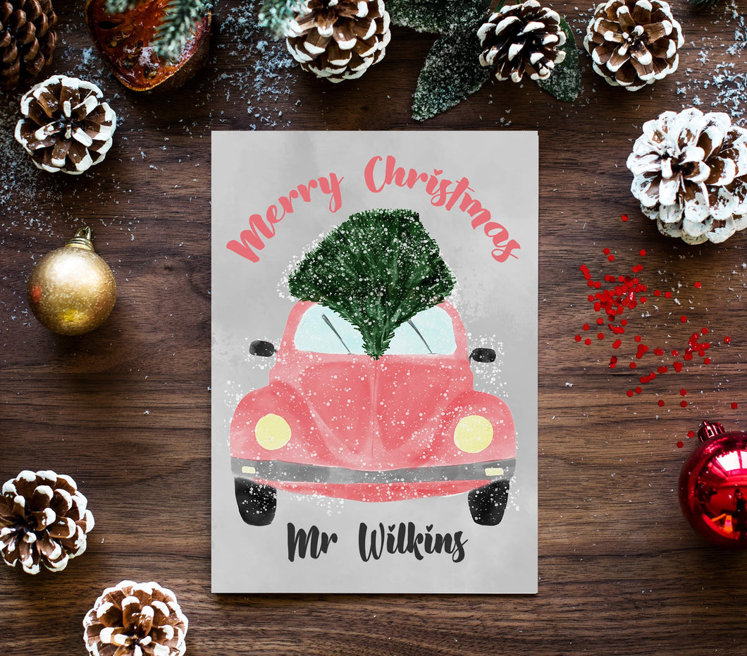 Vintage Car & Tree Personalised Teacher Christmas Card